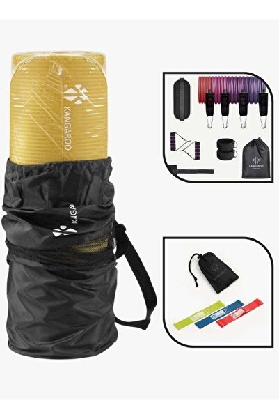 KANGAROO مجموعة بساط تمارين 15 مم - أصفر مع حبال مقاومة وشريط مطاطي