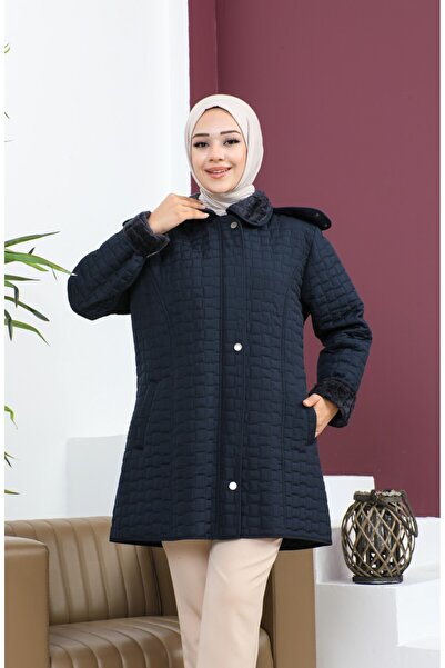 sefamerve Μπουφάν με καπιτονέ τετράγωνο σχέδιο μεγάλου μεγέθους 6141-02 Navy Blue