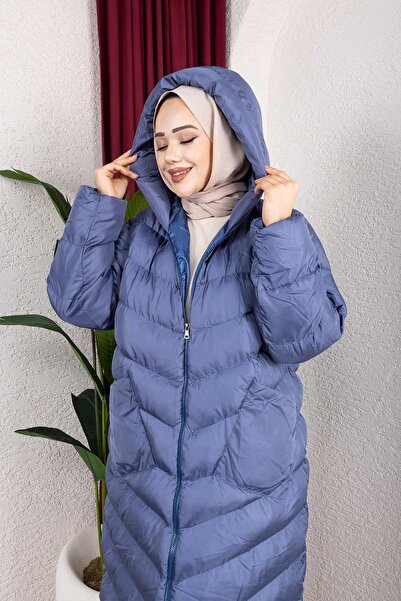 MİSSKAYLE Μπλε πουπουλένιο παλτό με τσέπες με κουκούλα