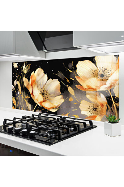 Arthub Kitchen Glass Panel, Stove Protection, Heat Resistant, Flowers, Gold P...