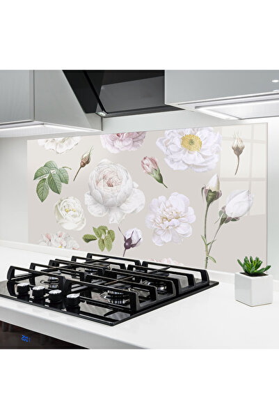 Arthub Panou Sticla Bucatarie, Protectie aragaz, Termorezistent, Flori, White...