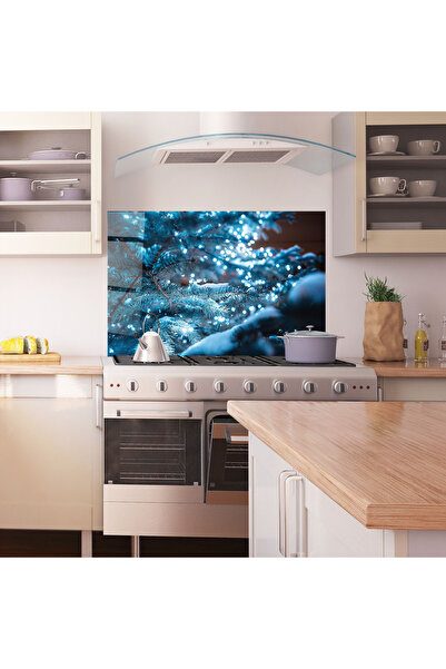 Arthub Kitchen Glass Panel, Stove Protection, Heat Resistant, Landscapes, Blue Christmas Tree