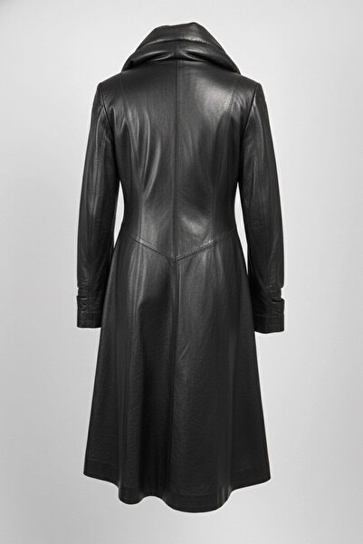 Deriderim Black Gathered Collar Zippered Slim Genuine Leather Long Women's Coat