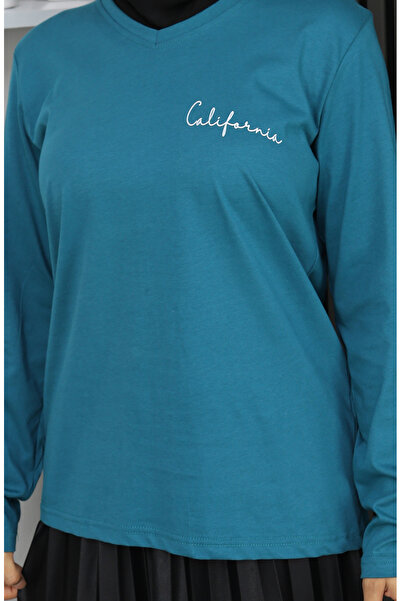 sefamerve Ψηφιακή με τύπωμα Βαμβακερή Μπλούζα 1071-02 Πετρέλαιο