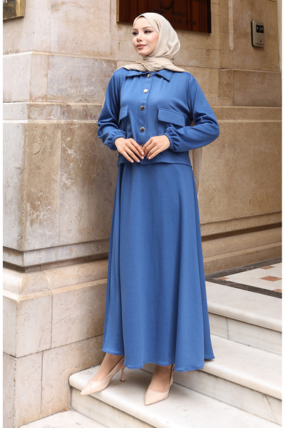 sefamerve Corded Fabric Button Jacket Dress Hijab Set 0219-04 Indigo