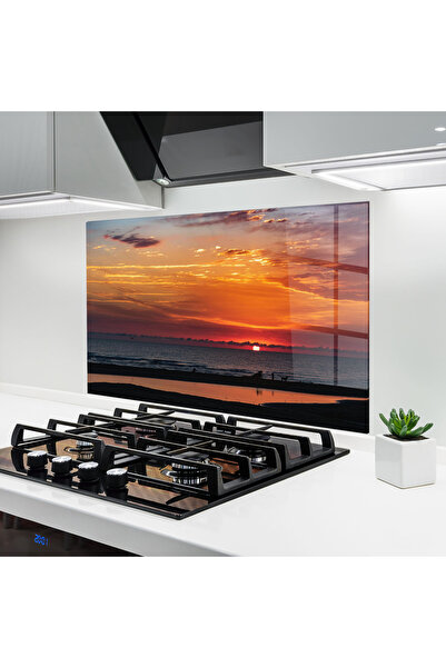 Arthub Kitchen Glass Panel, Stove Protection, Heat Resistant, Landscapes, Colorful Sunrise Sea
