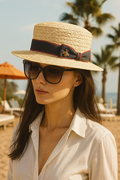 Katia&Bony Women's Straw Hat with Ribbon Accessories Beige