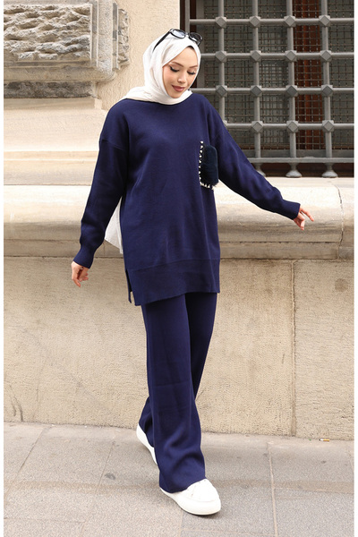 sefamerve Knitted pocket detail tunic and pants two-piece set 1093-03 navy blue