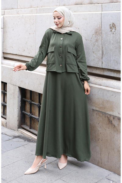 sefamerve Corded Fabric Button Jacket Dress Hijab Set 0219-03 Khaki