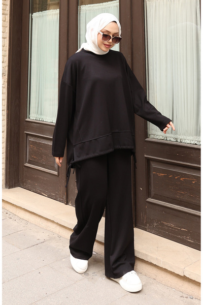 sefamerve Lace Detailed Hijab Trouser Suit 2175-03 Black