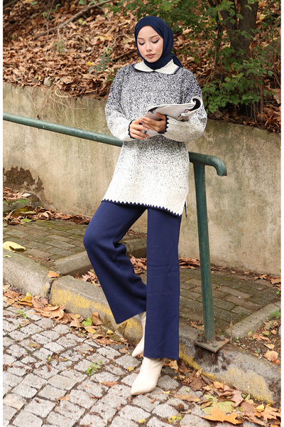 sefamerve Knitwear Tunic Trousers Double Set 1123-02 Navy Blue