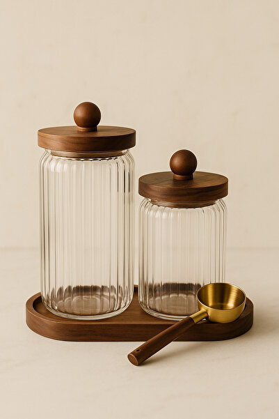 Mottogo Set of 2 Acacia Vacuum Lid Glass Jars with Measuring Spoons 600ml - 950ml