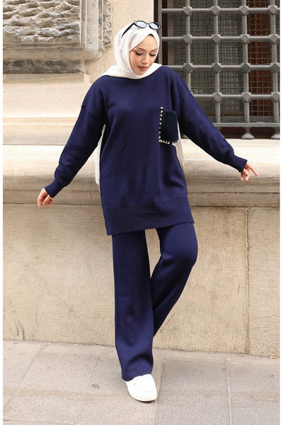 sefamerve Knitted pocket detail tunic and pants two-piece set 1093-03 navy blue