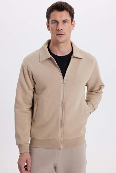 Tudors Unisex Relax Fit Comfortable Cut Cotton Fleece Lined Zippered Dark Beige Polo Neck Flato Pocket Sweatshirt