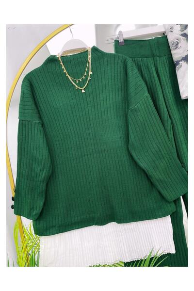 YEDİLALE Buttoned Sleeve Stand-Up Collar Casual Knitwear Double Set [Standard Size, Two Pieces]