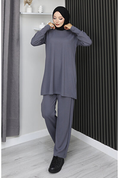 sefamerve Παντελόνι από ύφασμα Bürümcük Τούνικ Διπλό Σετ 20024A-01 Γκρι