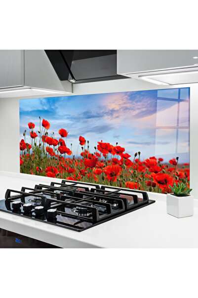 Arthub Kitchen Glass Panel, Stove Protection, Heat Resistant, Flowers, Poppy Field