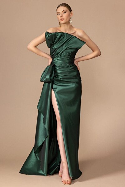 Kenzel Straplez Yaka Drapeli Yırtmaçlı Uzun Abiye Elbise - 7056