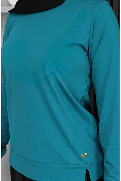 sefamerve Λεπτομερής χτενισμένη βαμβακερή μπλούζα με σχισμή 1064-02 Petrol