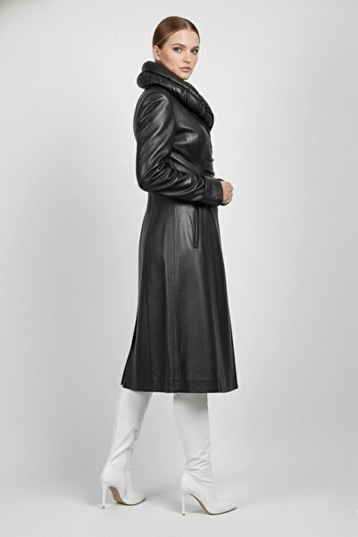 Deriderim Black Gathered Collar Zippered Slim Genuine Leather Long Women's Coat