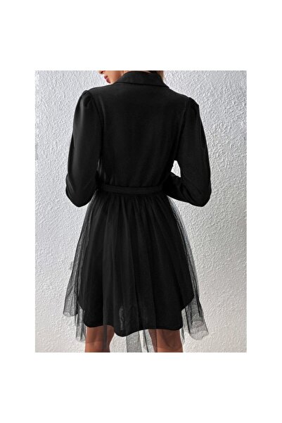 vuvutasarım Long Sleeve Jacket Collar Belt Detail Mini Tulle Imported Crepe Women's Dress 29860