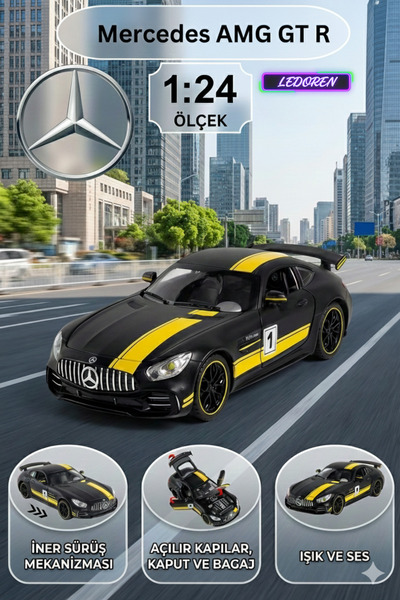 L'eDoren Siyah Renkli Mercedes-Benz AMG GTR 1/24 Diecast Koleksiyon Maket Mod...