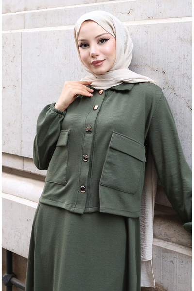 sefamerve Corded Fabric Button Jacket Dress Hijab Set 0219-03 Khaki
