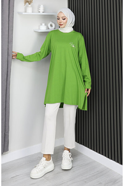 sefamerve Ψηφιακό χτενισμένο βαμβακερό τουνίκ μεγάλου μεγέθους με τύπωμα 9134B-02 Πράσινο