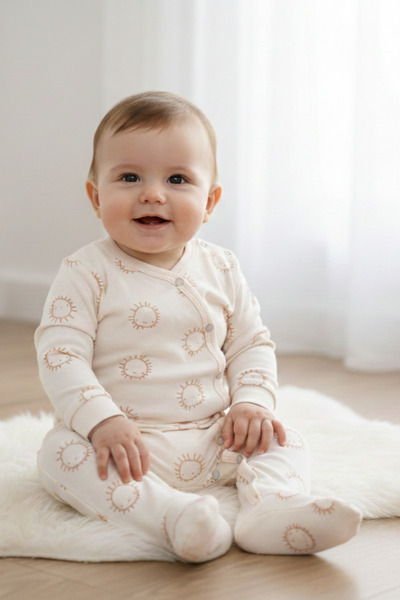 BABYİLAY Unisex Sun Patterned 2-Piece Baby Romper Set |   100% Cotton Bone Be...