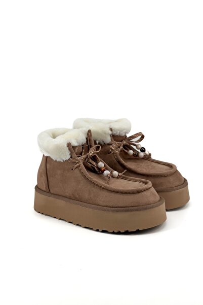 Shoebutik Juno Stone Color Fur Detail Beaded Lace-Up Women's Boots