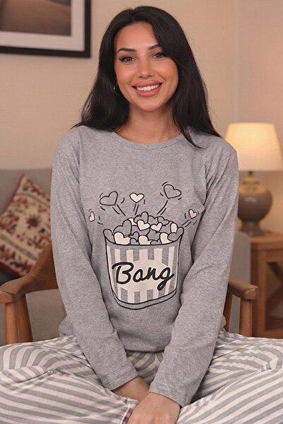 Niket Life Women's Bang Slogan Six-Stripe Crew Neck Long Sleeve Six-Long Combed Cotton Pajama Set