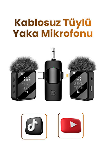 SEYUTECH Kablosuz Tüylü Yaka Mikrofonu Wireless Şarj Kutulu Canlı Yayın IOS ve Android Uyumlu Yaka Mikrofonu