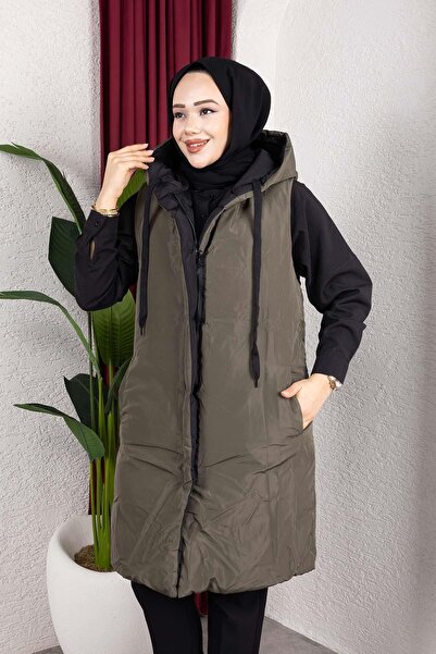 MİSSKAYLE Φουσκωτό γιλέκο χακί με κουκούλα διπλής όψης