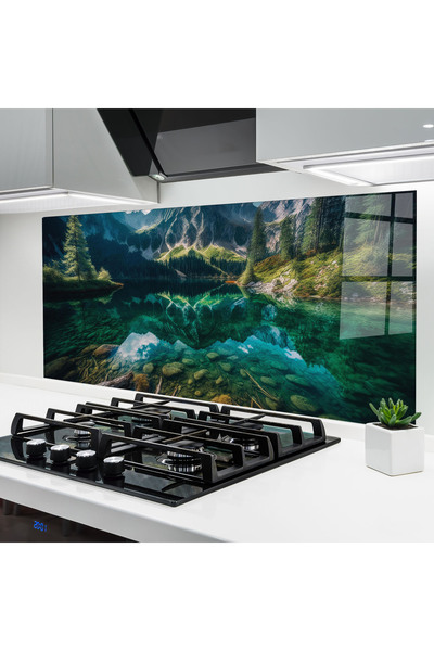 Arthub Kitchen Glass Panel, Stove Protection, Heat Resistant, Landscapes, Beautiful Lake Mountain