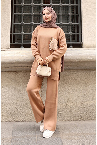 sefamerve Knitwear Pocket Detailed Tunic Trousers Double Set 1093-02 Milky Coffee