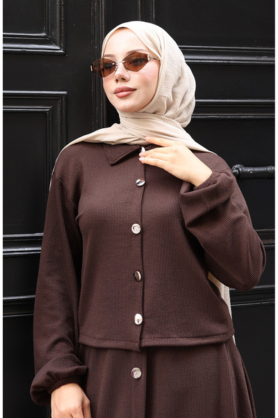 sefamerve Shirt Collar Hijab Tunic Skirt Two-Piece Set 0223-04 Brown