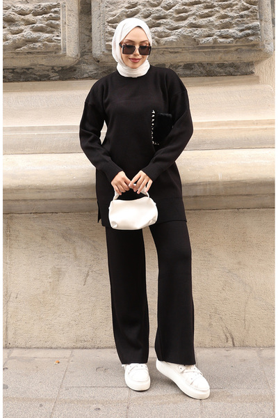 sefamerve Knitwear Pocket Detailed Tunic Trousers Double Set 1093-01 Black