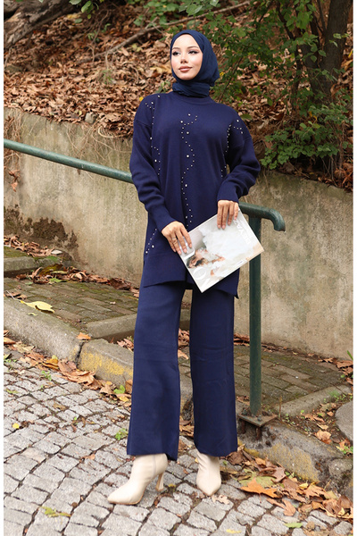 sefamerve Knitwear stone Printed tunic pants double set 1104-06 navy blue