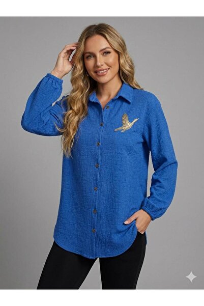 F&D Tekstil Women's Stone Embroidered Soft Textured Stretchy Shirt