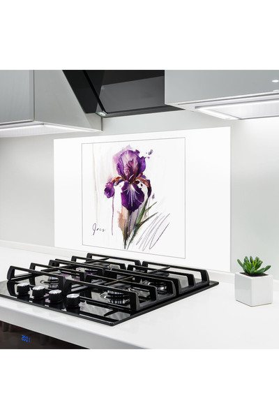 Arthub Kitchen Glass Panel, Stove Protection, Heat Resistant, Flowers, Iris Art