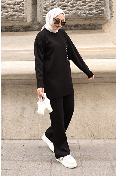 sefamerve Knitwear Pocket Detailed Tunic Trousers Double Set 1093-01 Black