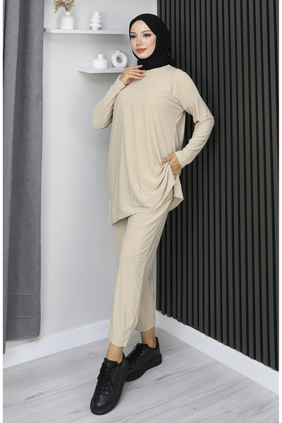 sefamerve Σετ Παντελόνι Τουνίκ από Ύφασμα Sandy Διπλό 20061-03 Μπεζ