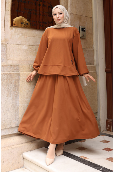 sefamerve طقم تنورة وقميص من قماش السكوبا للحجاب 0221-03 بني