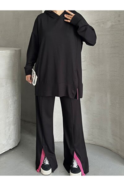 Moda İkra Women's Slit and Hoodie Bottom Top Set