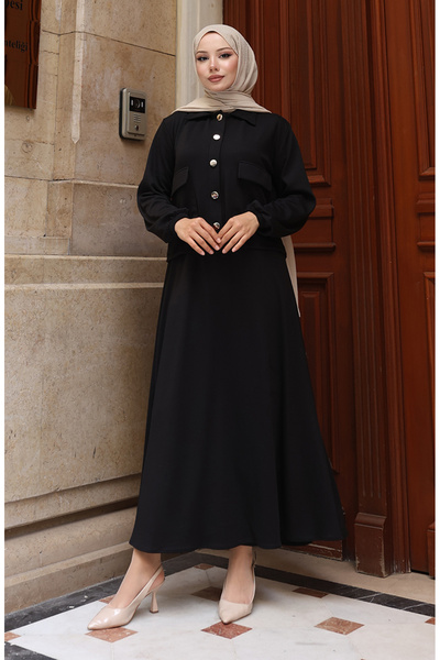 sefamerve Corded Fabric Button Jacket Dress Hijab Suit 0219-02 Black