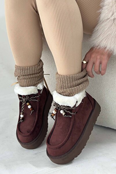 Shoebutik Γυναικείες μπότες Juno Bitter Brown με λεπτομέρεια από γούνα με κορδόνια