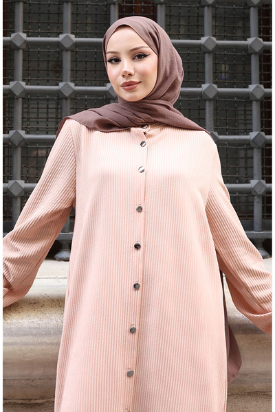 sefamerve Corded Fabric Button Hijab Trouser Suit 2176-03 Beige