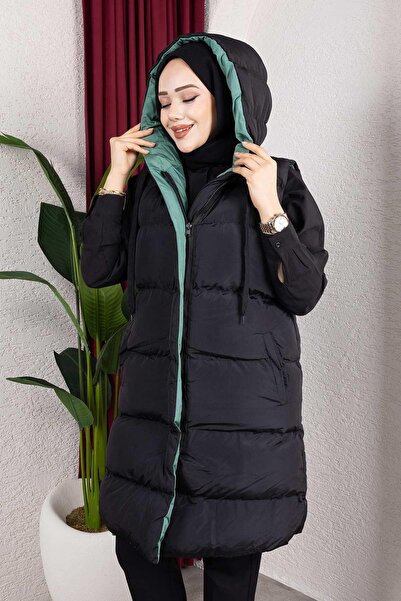 MİSSKAYLE Πράσινο φουσκωτό γιλέκο με κουκούλα διπλής όψης