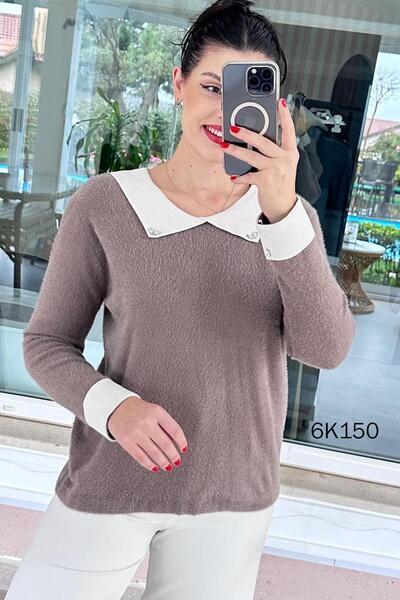 İnce Topuk Collared Stone Detail Bearded Knitwear Blouse 6K150