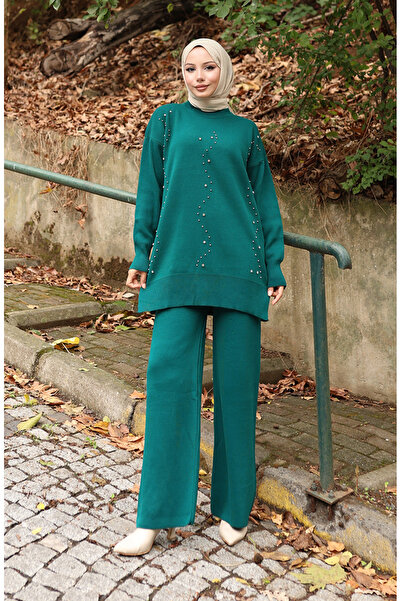 sefamerve Knitwear Stone Printed Tunic Trousers Double Set 1104-08 Petrol